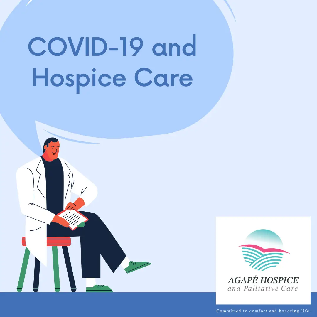 A graphic reading COVID-19 and Hospice Care. Call Agape Hospice & Palliative Care in LA and Orange Counties